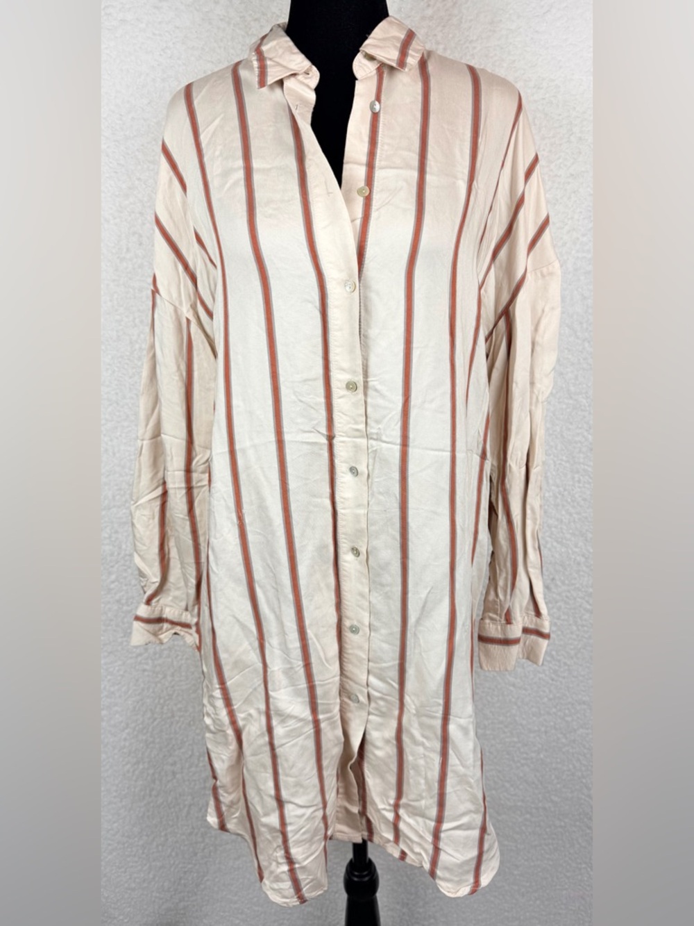 ZARA • Cream/Rust Striped Long Sleeve Button-Down Mini Shirt Dress, S - Picture 2 of 13